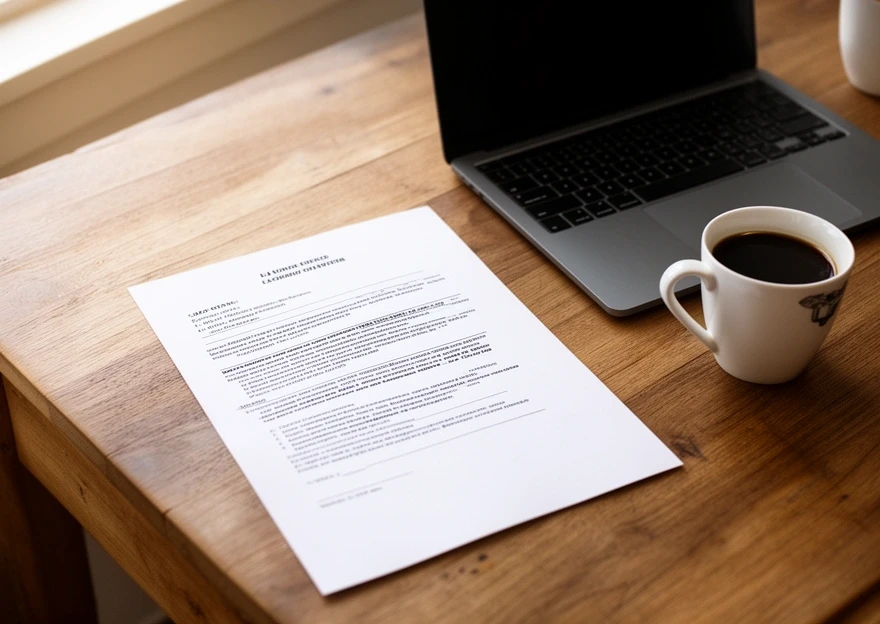 Table with a printed contract and a laptop at a contractor tax clinic